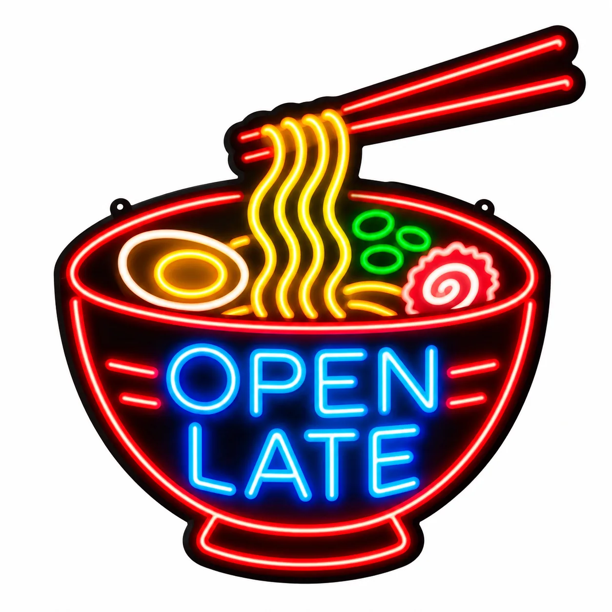 AI image generator example: A neon ramen shop sign that reads "OPEN LATE", made with GPT Image 2.5