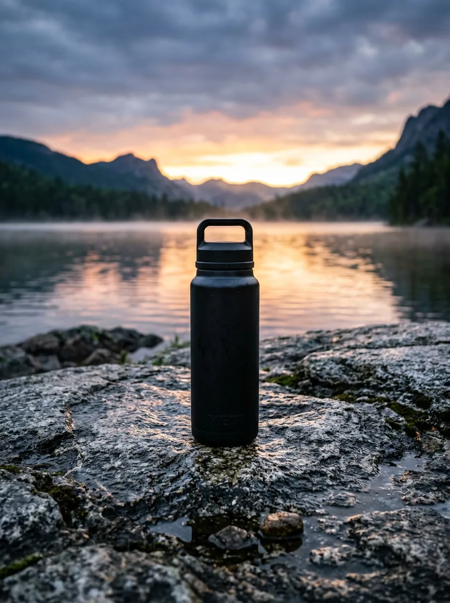 AI image generator example: A matte black water bottle on wet stone at dawn, made with Nano Banana 2