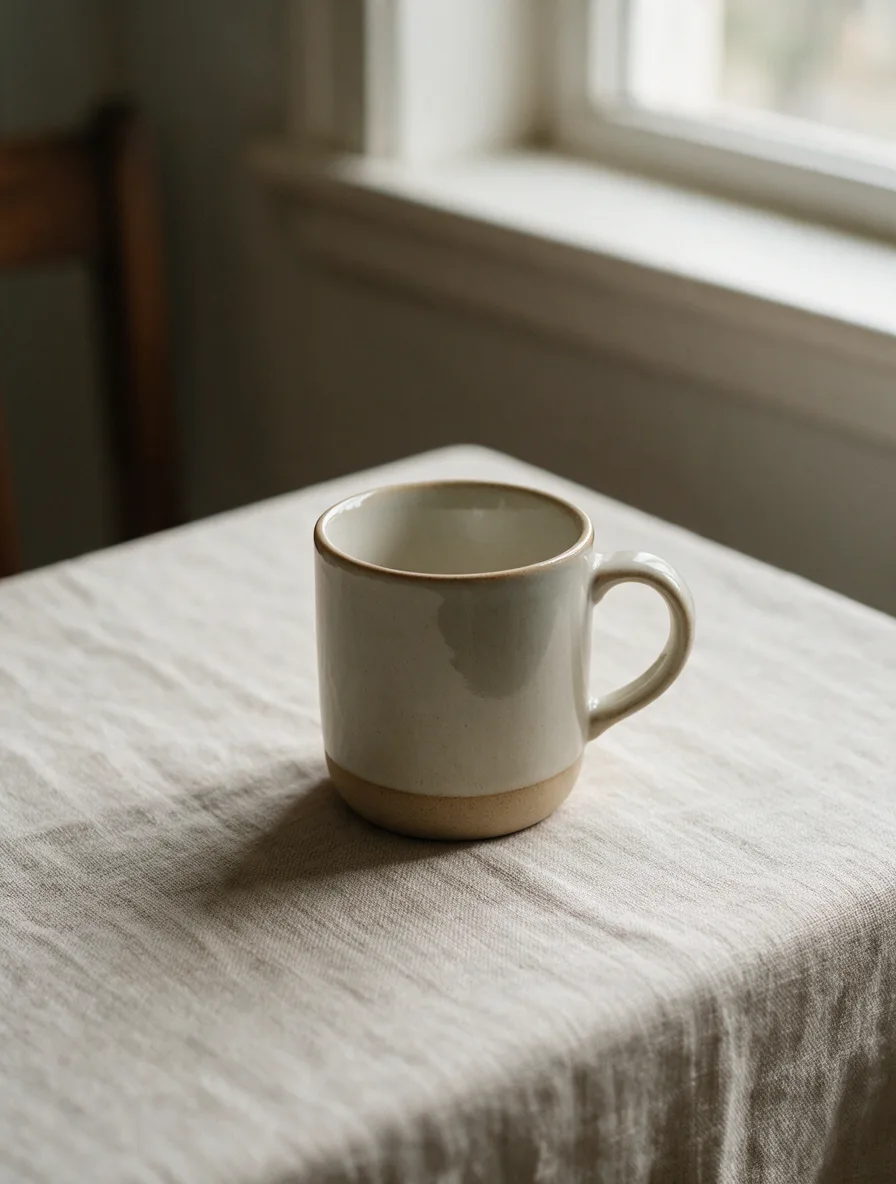 AI image generator example: A ceramic mug on a linen tablecloth, soft window light, made with Seedream 5.0 Pro