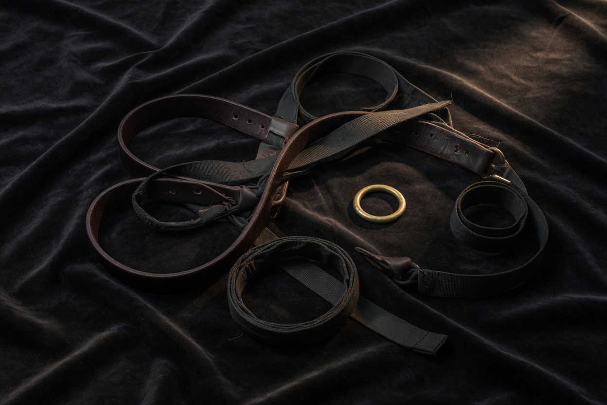 Leather straps and black webbing coiled on velvet, a physical harness at rest.